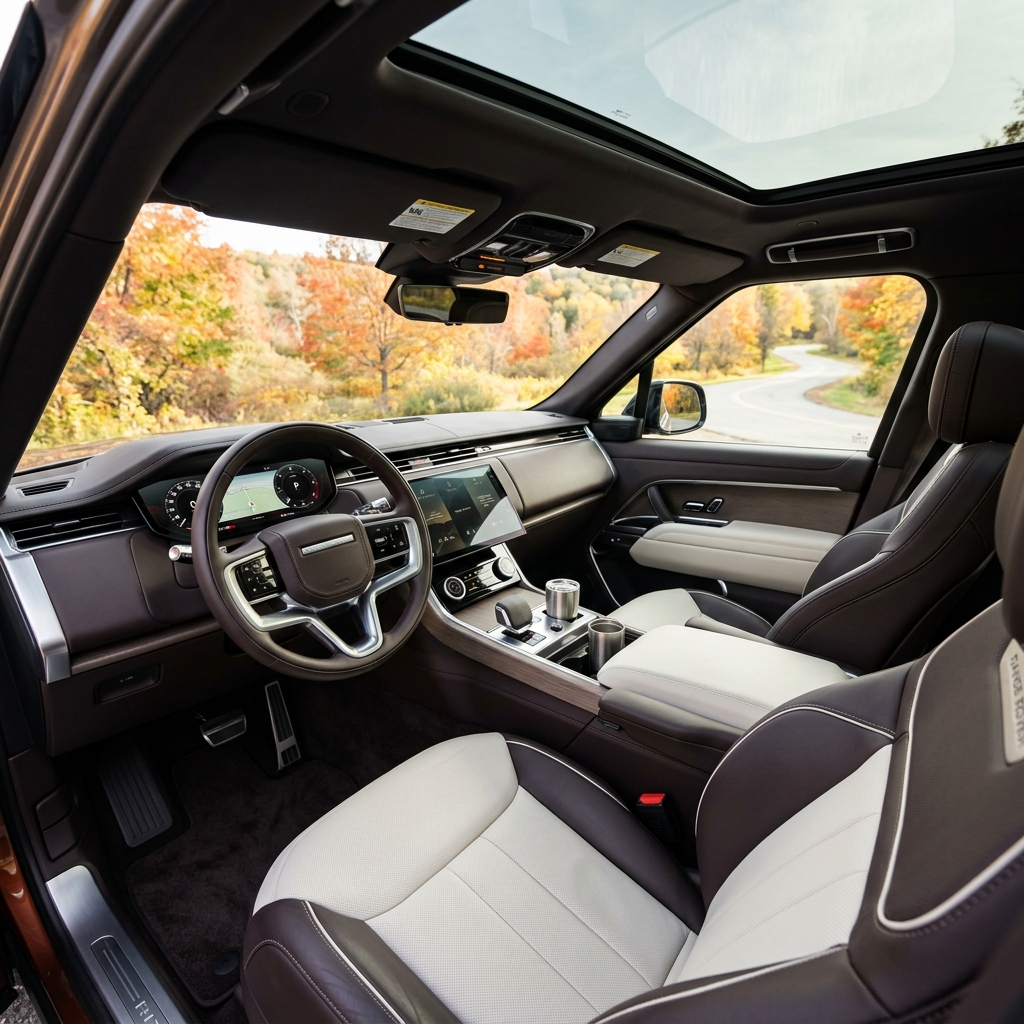 Interior view of a luxury SUV dashboard, leather seats, and panoramic sunroof facing a scenic autumn road. (Representative image for illustration purposes only. Actual vehicle may vary based on trim and configuration.)