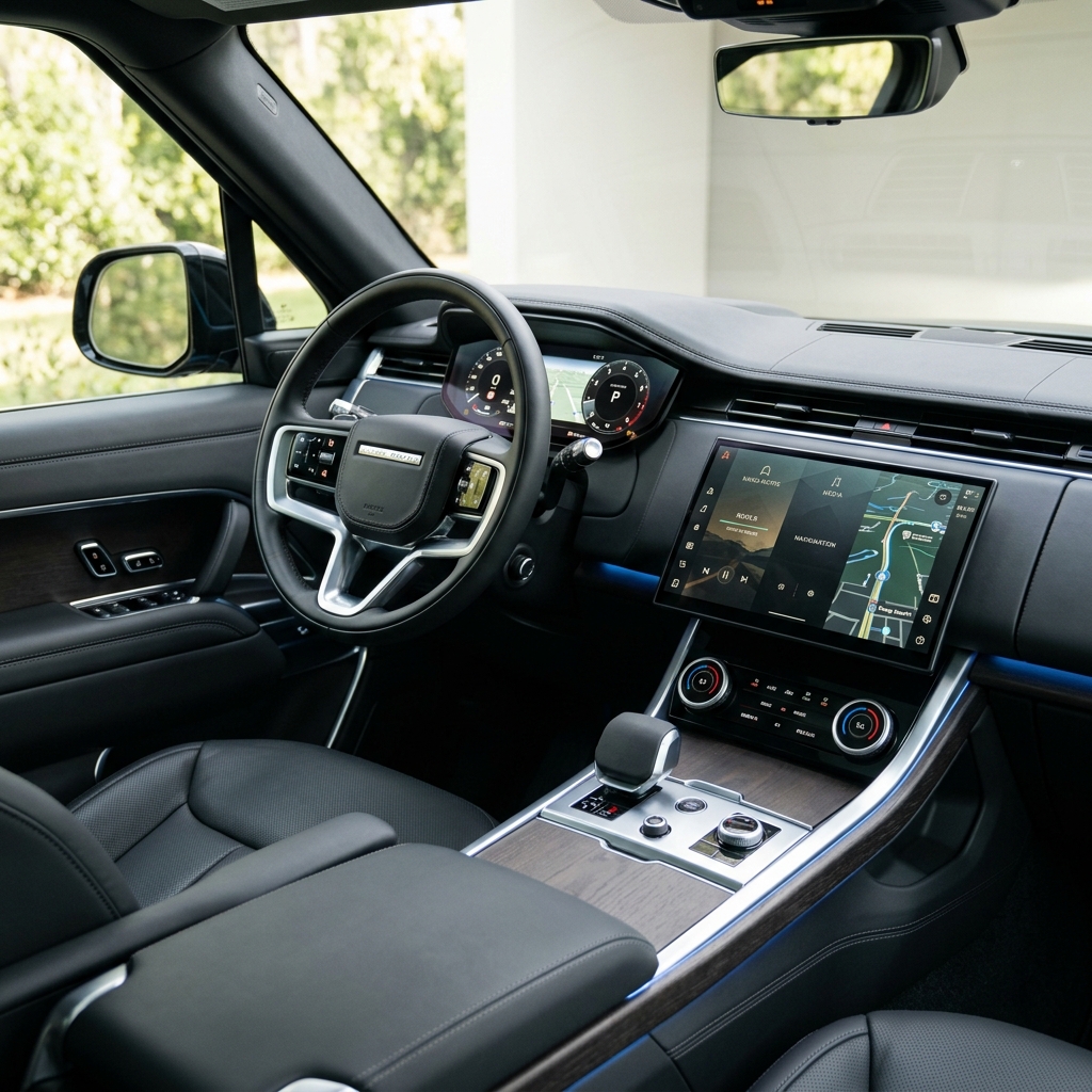 Driver's seat view of a modern luxury car interior featuring a touchscreen display, wood console, and digital dashboard. (Representative image for illustration purposes only. Actual vehicle may vary based on trim and configuration.)
