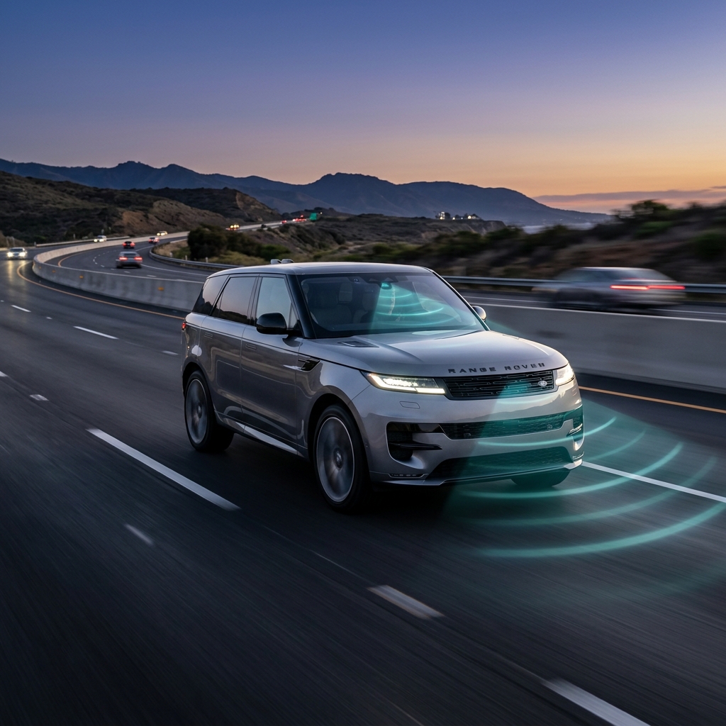 Silver Range Rover Sport driving on a highway with teal graphic waves depicting driver assist and radar sensors. (Representative image for illustration purposes only. Actual vehicle may vary based on trim and configuration.)