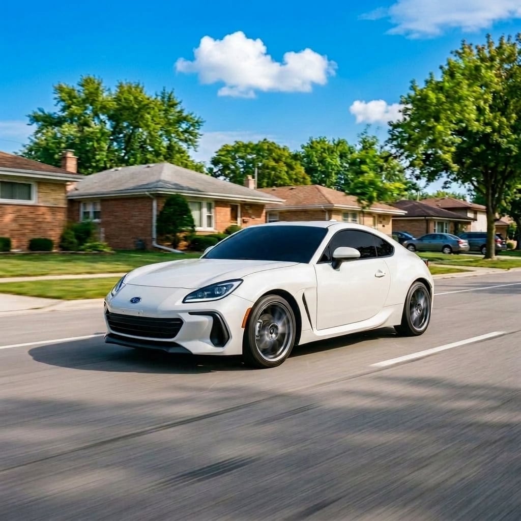 A photorealistic commercial automotive action shot of a vibrant metallic blue Subaru BRZ sports coupe on an exciting test drive. The vehicle speeds smoothly along a flat, paved suburban street in a Chicago Southland neighborhood during late summer. Captured in a dynamic three-quarter tracking shot following rule-of-thirds composition, motion blur in the surrounding environment emphasizes the car's responsive handling and acceleration. Modest mid-century residential homes and mature shade trees line the background under a bright, clear sky. Bright natural daylight casts crisp shadows and creates detailed reflections along the sculpted coupe bodywork. The image focuses cleanly on the vehicle's dynamic exterior profile with no visible text, brand logos, or license plates. (Representative image for illustration purposes only. Actual vehicle may vary based on trim and configuration.)