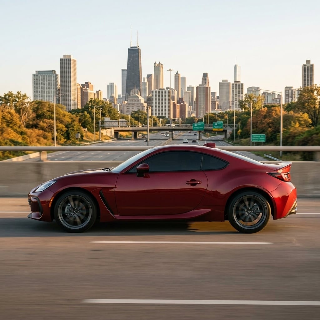 A crisp side profile view of a modern Subaru BRZ parked along a quiet suburban street in the Chicago metropolitan area during late summer. The sleek sports coupe displays its aerodynamic fastback silhouette, low stance, sculpted side skirts, and pronounced rear fender arches. Sunlight from the low golden hour sun highlights the contours of the glossy exterior paint and dark aluminum wheels. The background features modest mid-century suburban homes and mature Midwestern shade trees lining the paved road. The shot is captured from a clean, low eye-level perspective, emphasizing the dynamic proportions and low center of gravity of the vehicle with smooth depth of field. (Representative image for illustration purposes only. Actual vehicle may vary based on trim and configuration.)