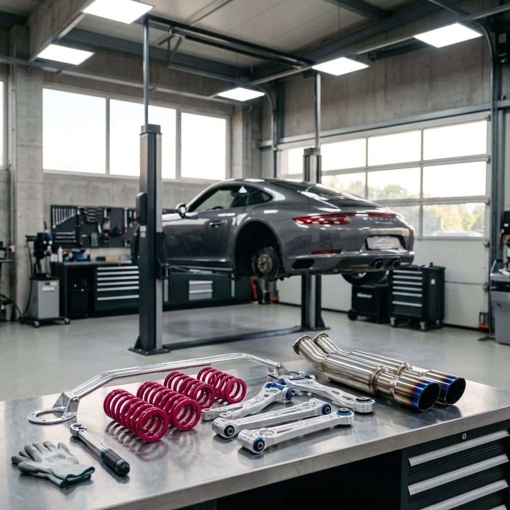 An editorial photograph set inside a clean, modern automotive tuning workshop. On a brushed stainless-steel workbench in the foreground, an assortment of high-performance car components is meticulously arranged: a polished aluminum strut tower brace, vibrant cherry-pink coil springs, precision-machined suspension arms, and dual exhaust pipes with burnt titanium tips. In the soft-focused background, a sleek sports coupe is elevated on a two-post hydraulic lift. Overhead LED panel lighting casts cool, even reflections across the metallic and carbon-fiber surfaces, blended with natural late-summer daylight filtering through high garage windows. The atmosphere is quiet, technical, and precise, emphasizing engineering craftsmanship. (Representative image for illustration purposes only. Actual vehicle may vary based on trim and configuration.)