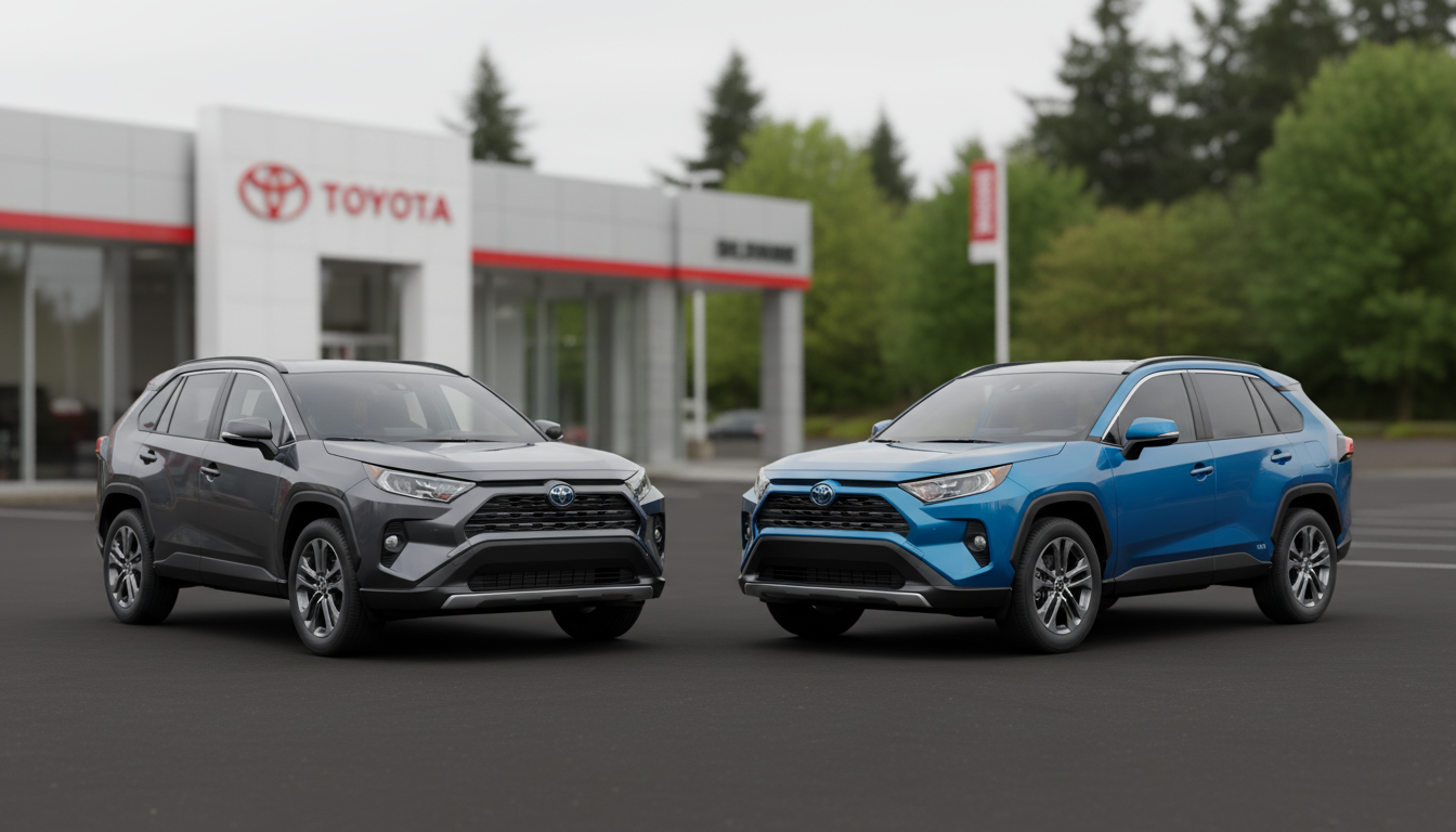 A pristine 2026 Toyota RAV4 gas model in a dark metallic gray, parked alongside a sleek 2026 Toyota RAV4 hybrid model in a vibrant metallic blue, both gleaming under bright, diffused daylight. The cars are positioned at a slight angle on a clean, modern paved lot, hinting at a dealership in Gladston