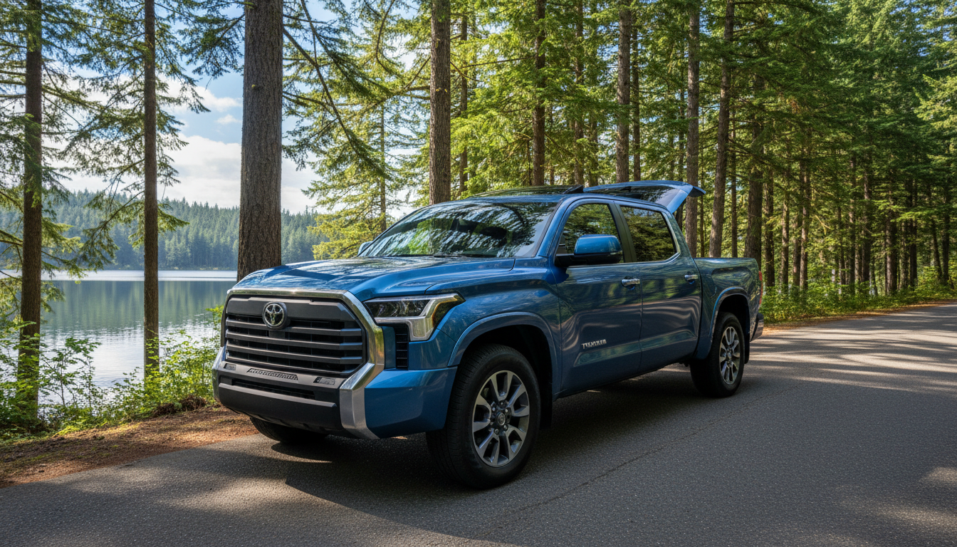 A sleek, metallic blue 2026 Toyota Tundra full-size pickup truck is prominently featured, parked on a paved road that curves gently through the lush, verdant summer landscape characteristic of the Pacific Northwest near Gladstone, Oregon, with towering evergreen trees and distant glimpses of a seren