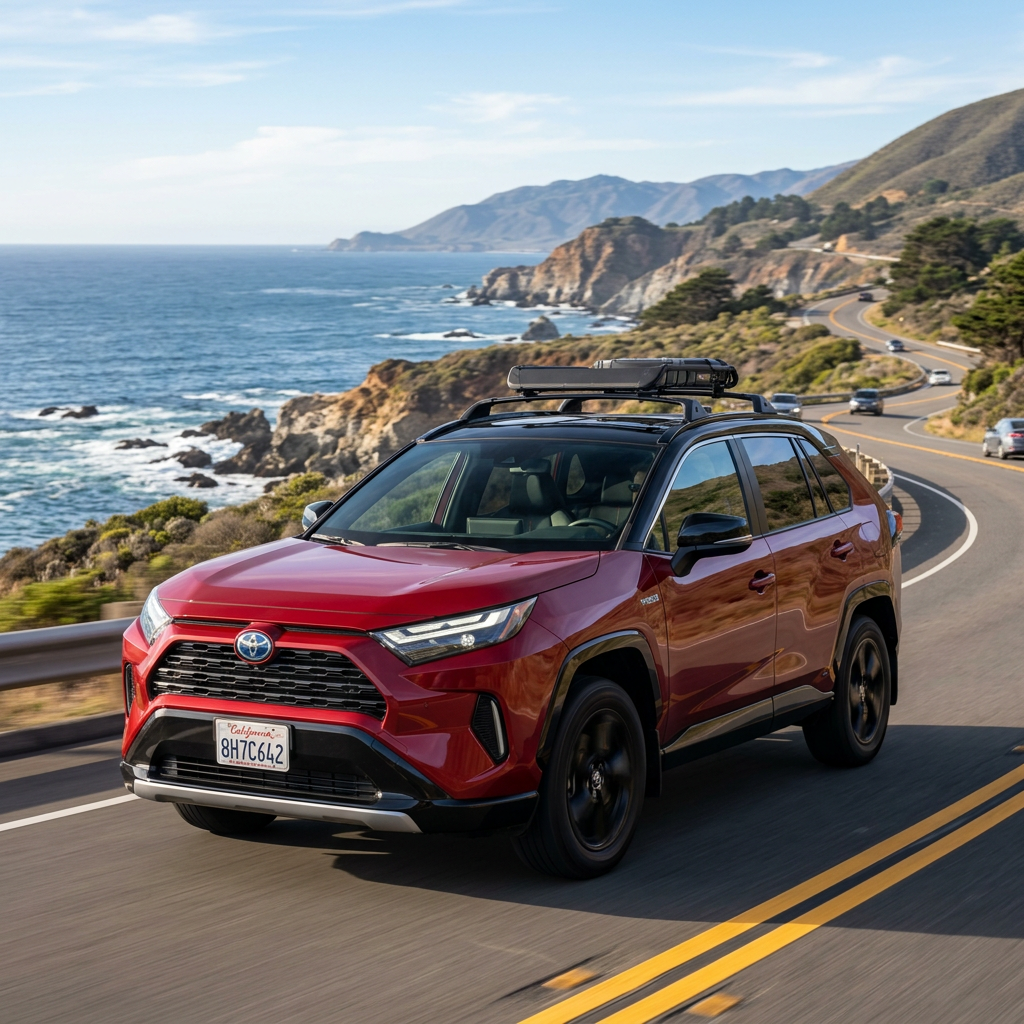 A red Toyota RAV4 driving along a scenic coastal highway overlooking the ocean. (Representative image for illustration purposes only. Actual vehicle may vary based on trim and configuration.)