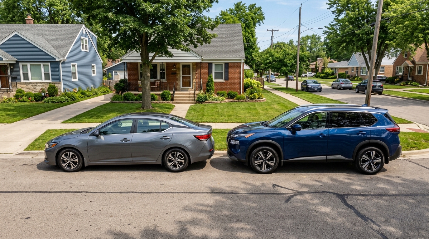 A grey sedan parked end-to-end with a dark blue SUV on a residential street in front of suburban homes. (Representative image for illustration purposes only. Actual vehicle may vary based on trim and configuration.)