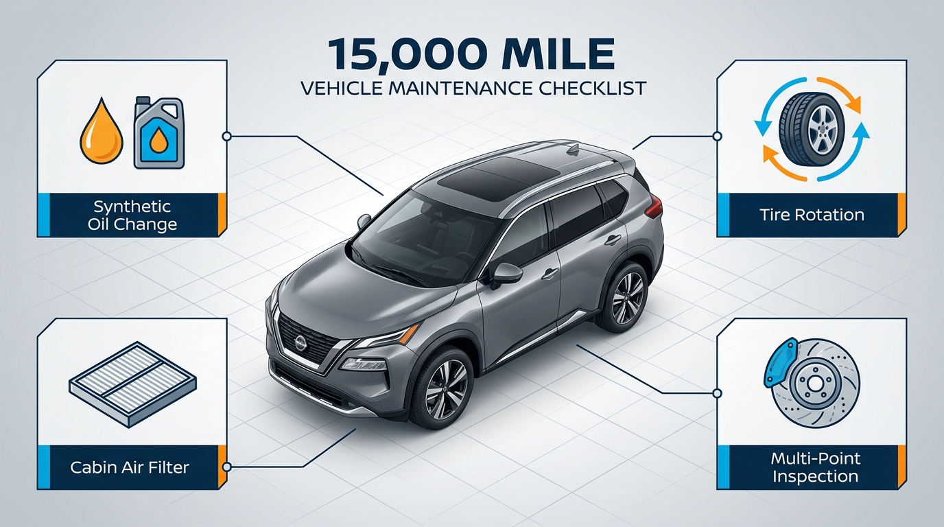 Diagram showing a 15,000-mile vehicle maintenance checklist for a silver SUV with four key service items. (Representative image for illustration purposes only. Actual vehicle may vary based on trim and configuration.)