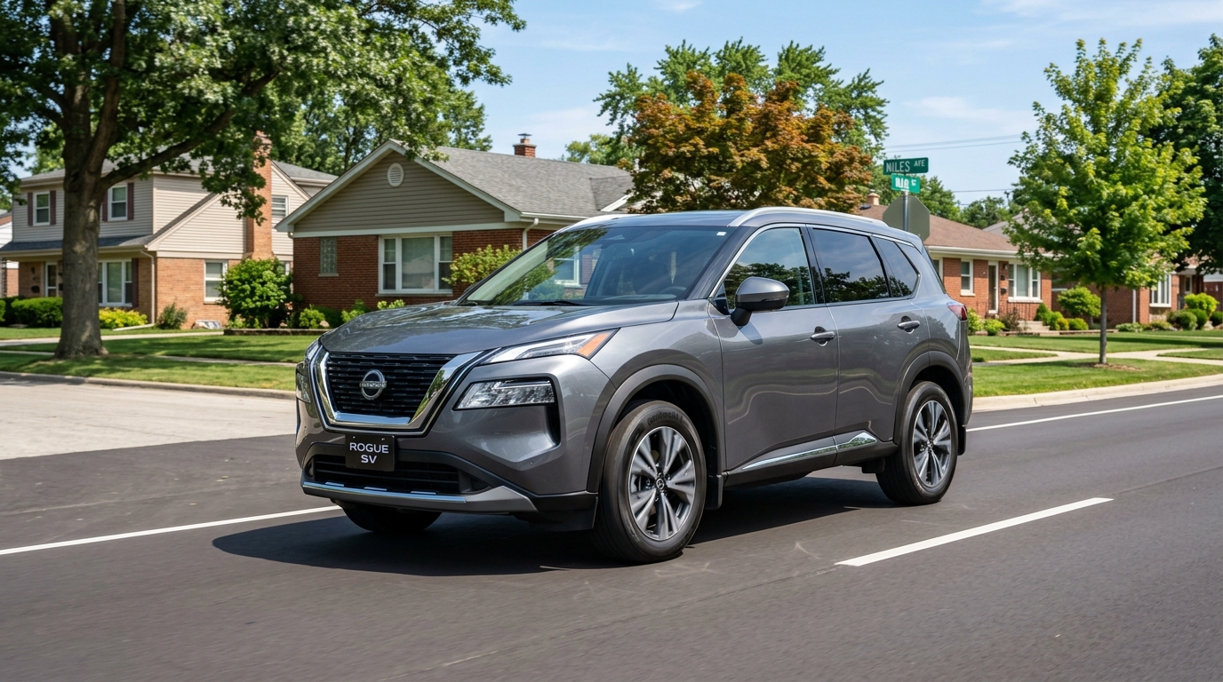 A metallic gray Nissan Rogue SV driving along a quiet residential street in a suburban neighborhood. (Representative image for illustration purposes only. Actual vehicle may vary based on trim and configuration.)