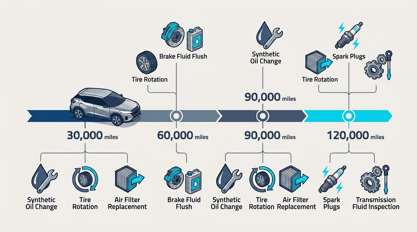 A timeline graphic detailing car maintenance milestones at 30,000, 60,000, 90,000, and 120,000 miles. (Representative image for illustration purposes only. Actual vehicle may vary based on trim and configuration.)