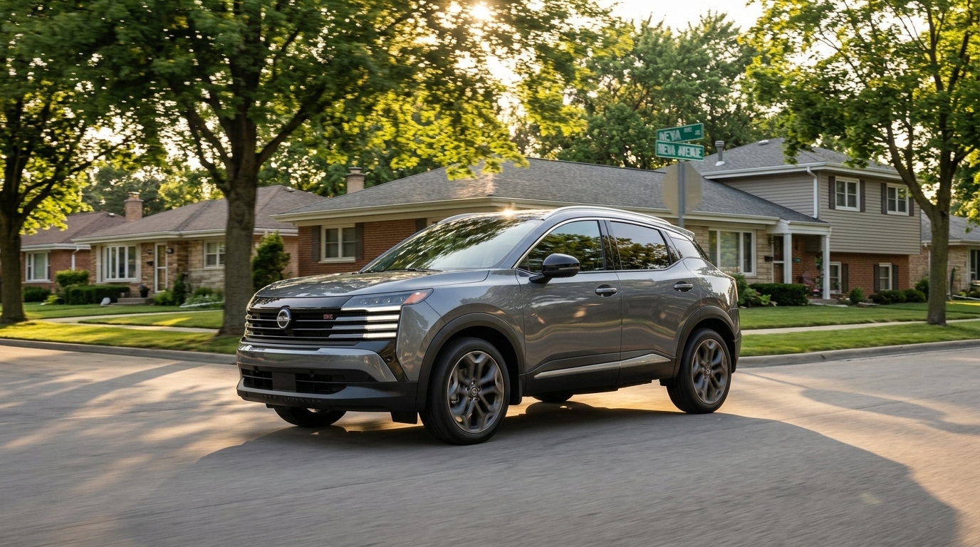 A metallic grey Nissan Kicks SUV driving on a suburban residential street past single-story homes and trees. (Representative image for illustration purposes only. Actual vehicle may vary based on trim and configuration.)