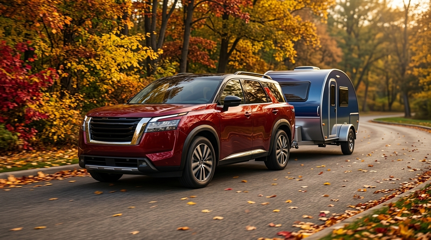 Red SUV towing a small blue teardrop trailer down a leaf-strewn road lined with colorful autumn trees. (Representative image for illustration purposes only. Actual vehicle may vary based on trim and configuration.)