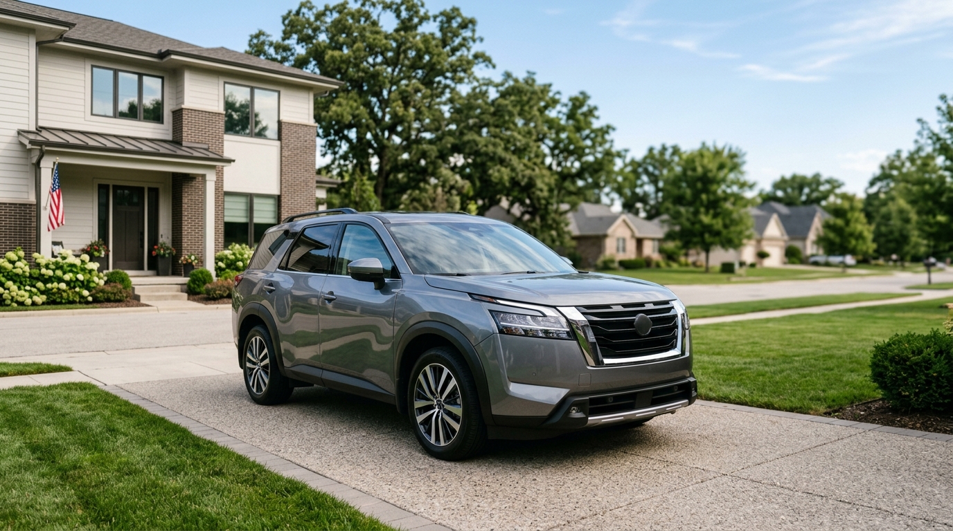 Grey modern SUV parked on a concrete driveway in front of a suburban two-story home. (Representative image for illustration purposes only. Actual vehicle may vary based on trim and configuration.)