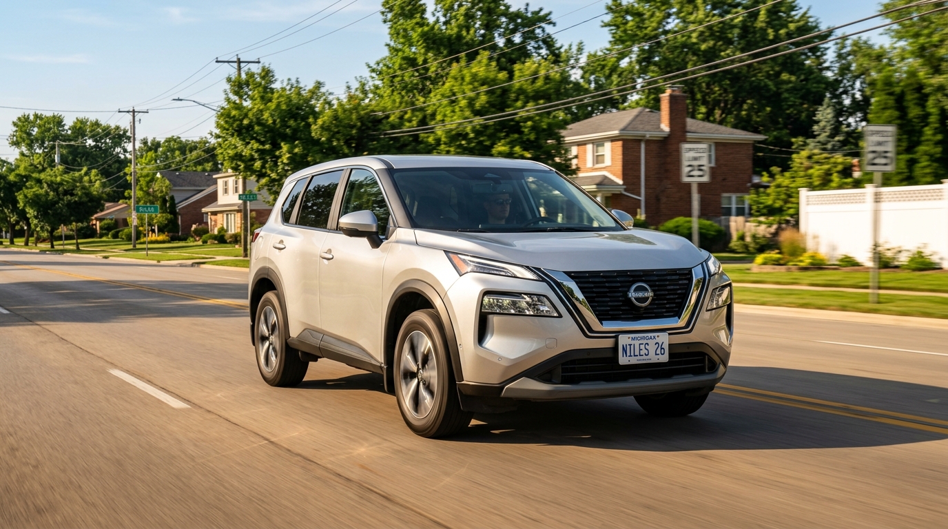 Silver Nissan Rogue SUV driving down a suburban neighborhood street in sunny weather. (Representative image for illustration purposes only. Actual vehicle may vary based on trim and configuration.)