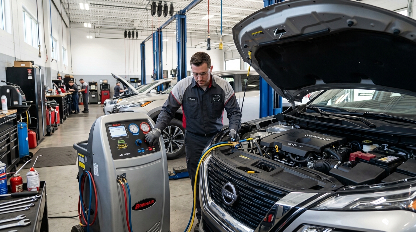 Auto mechanic using a Robinair A/C machine to service a silver Nissan car in a repair shop. (Representative image for illustration purposes only. Actual vehicle may vary based on trim and configuration.)