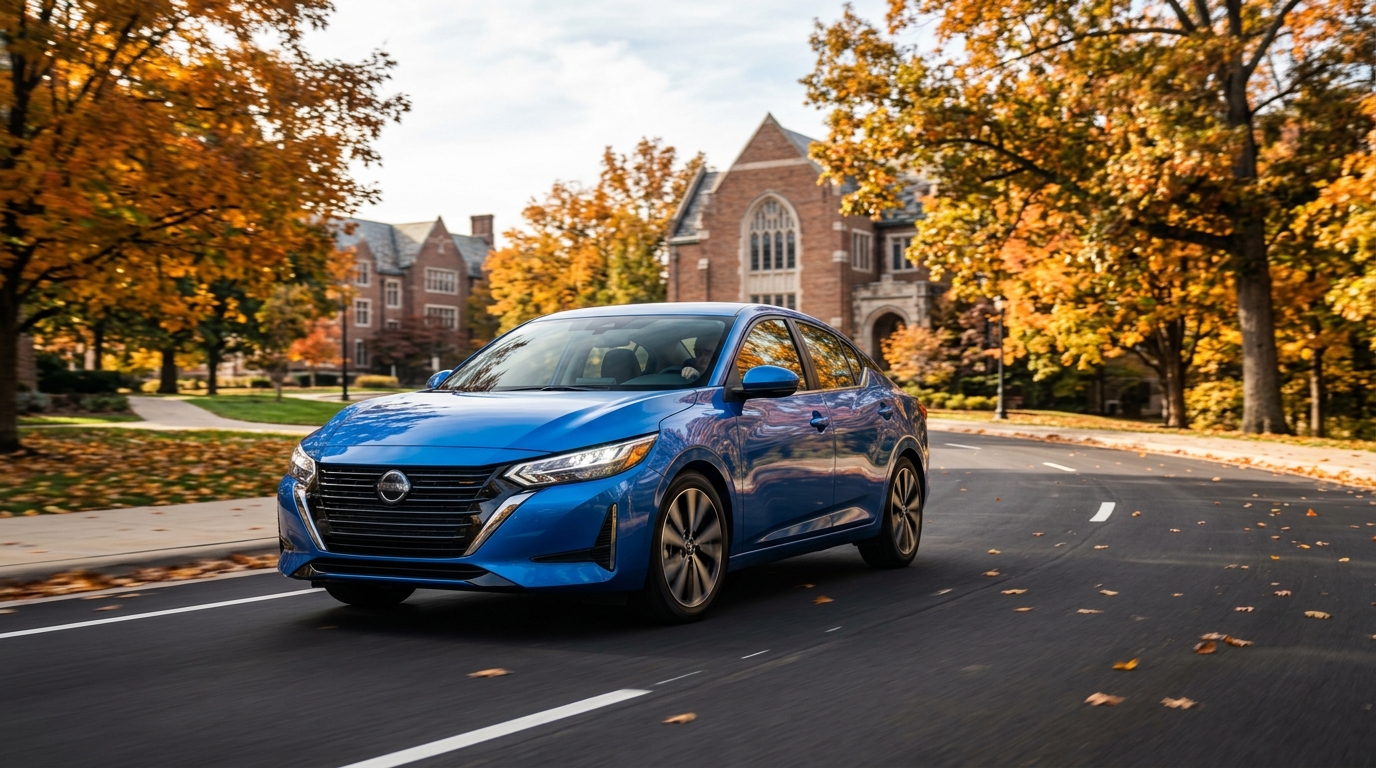 A vibrant blue Nissan sedan driving on a curved road lined with colorful autumn trees and brick campus buildings. (Representative image for illustration purposes only. Actual vehicle may vary based on trim and configuration.)