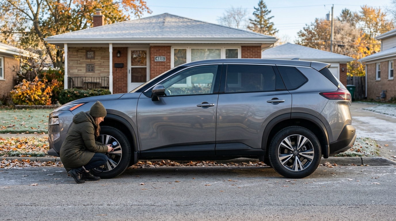 A woman in a winter coat crouches beside a grey SUV to check the tire pressure on a cool morning. (Representative image for illustration purposes only. Actual vehicle may vary based on trim and configuration.)