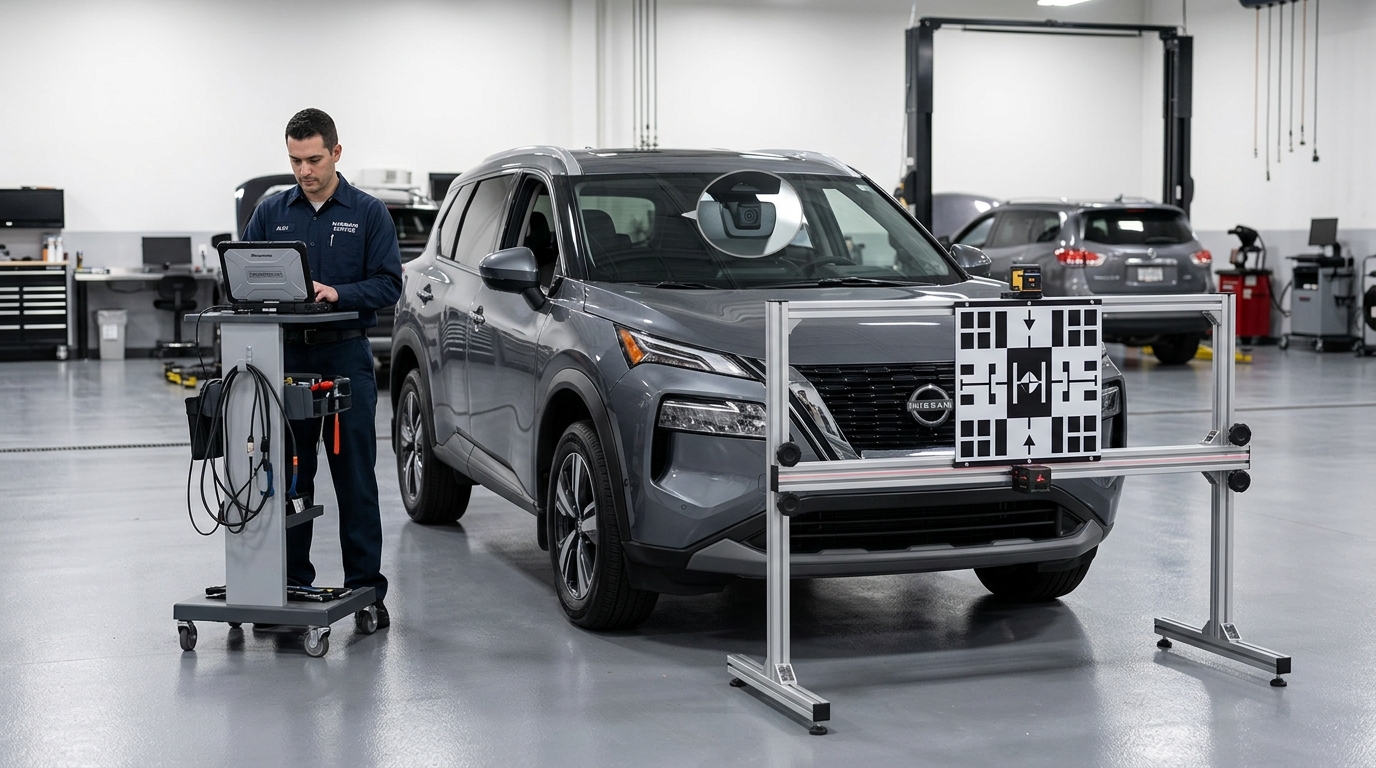 A technician in a Nissan uniform uses a laptop and target frame to calibrate a grey SUV's front camera system. (Representative image for illustration purposes only. Actual vehicle may vary based on trim and configuration.)