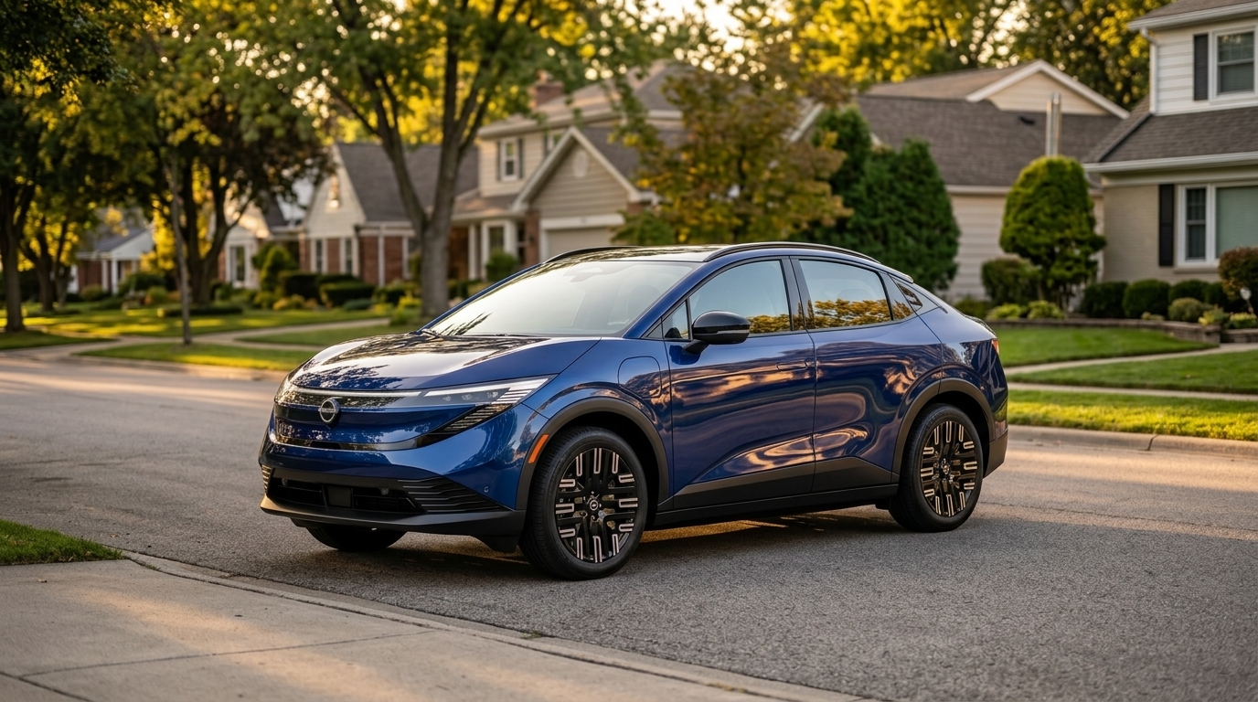 Blue electric crossover SUV parked along a quiet suburban street during golden hour. (Representative image for illustration purposes only. Actual vehicle may vary based on trim and configuration.)