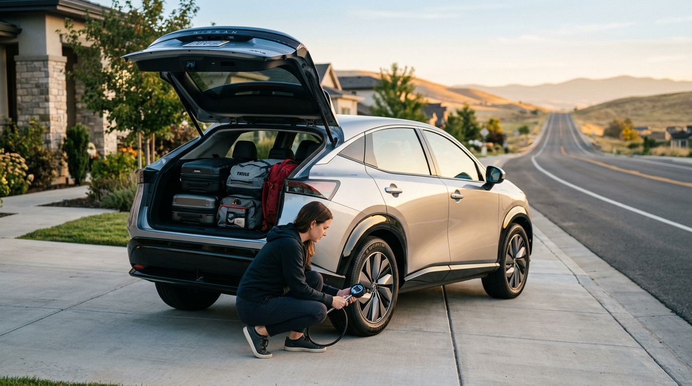 A woman checks the tire pressure of a silver SUV packed with luggage in a driveway before a road trip. (Representative image for illustration purposes only. Actual vehicle may vary based on trim and configuration.)
