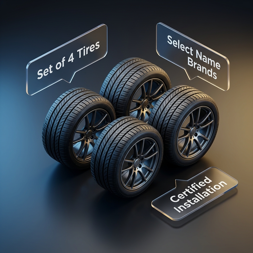 3D graphic of four car tires on dark alloy wheels with translucent callout boxes for a tire sales offer. (Representative image for illustration purposes only. Actual vehicle may vary based on trim and configuration.)