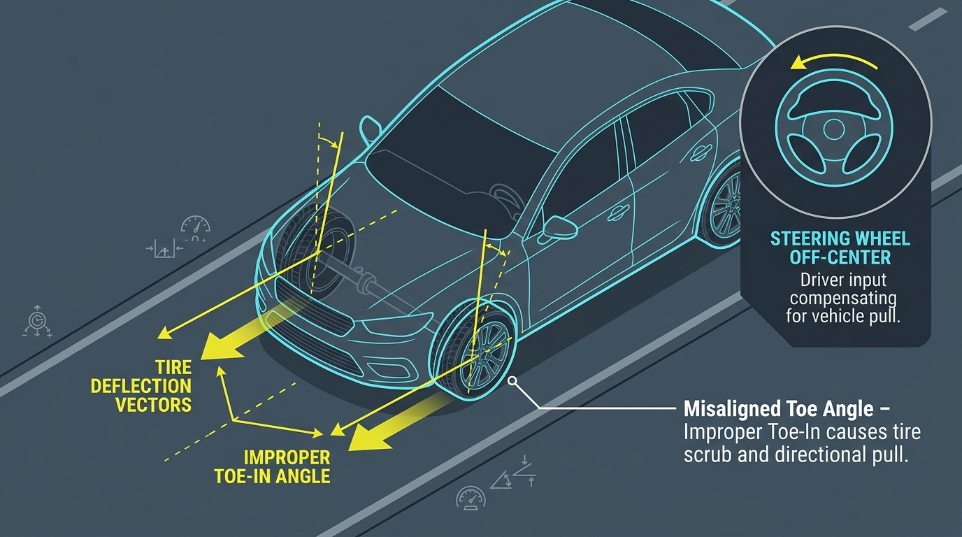Technical diagram illustrating misaligned toe angle, tire deflection vectors, and off-center steering wheel on a car. (Representative image for illustration purposes only. Actual vehicle may vary based on trim and configuration.)