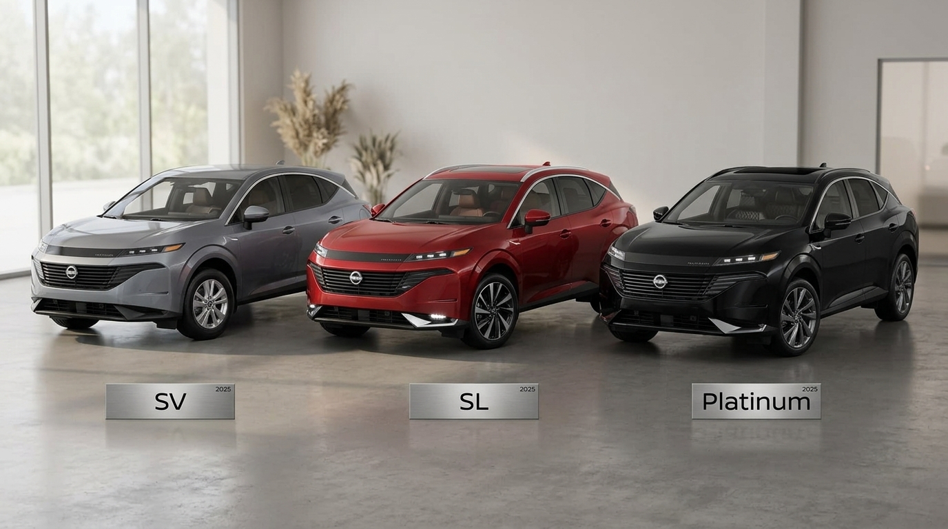 Three 2025 Nissan Murano SUVs in grey, red, and black, displaying SV, SL, and Platinum trim levels inside a showroom. (Representative image for illustration purposes only. Actual vehicle may vary based on trim and configuration.)
