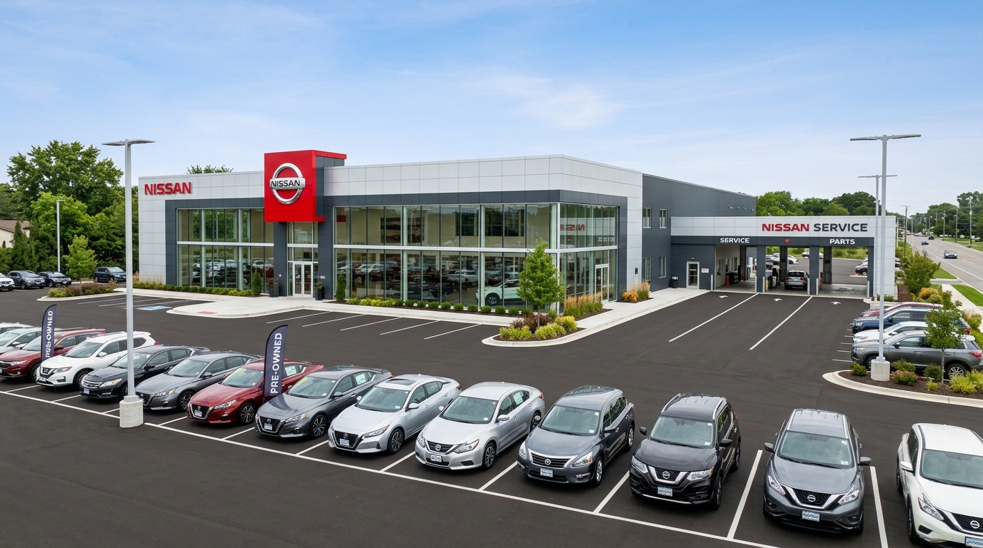 Exterior view of a modern Nissan dealership building with rows of new and pre-owned cars parked out front. (Representative image for illustration purposes only. Actual vehicle may vary based on trim and configuration.)