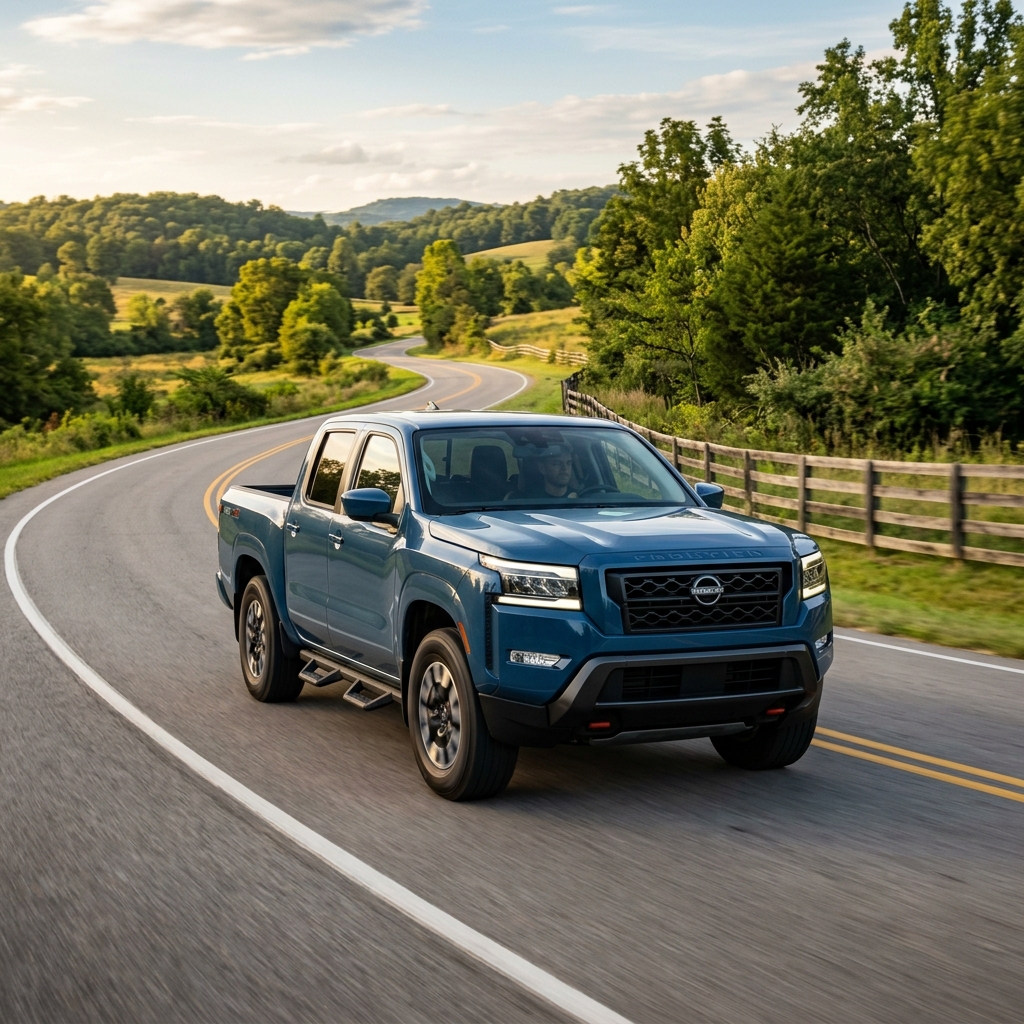 Blue Nissan Frontier pickup truck driving along a winding countryside road. (Representative image for illustration purposes only. Actual vehicle may vary based on trim and configuration.)