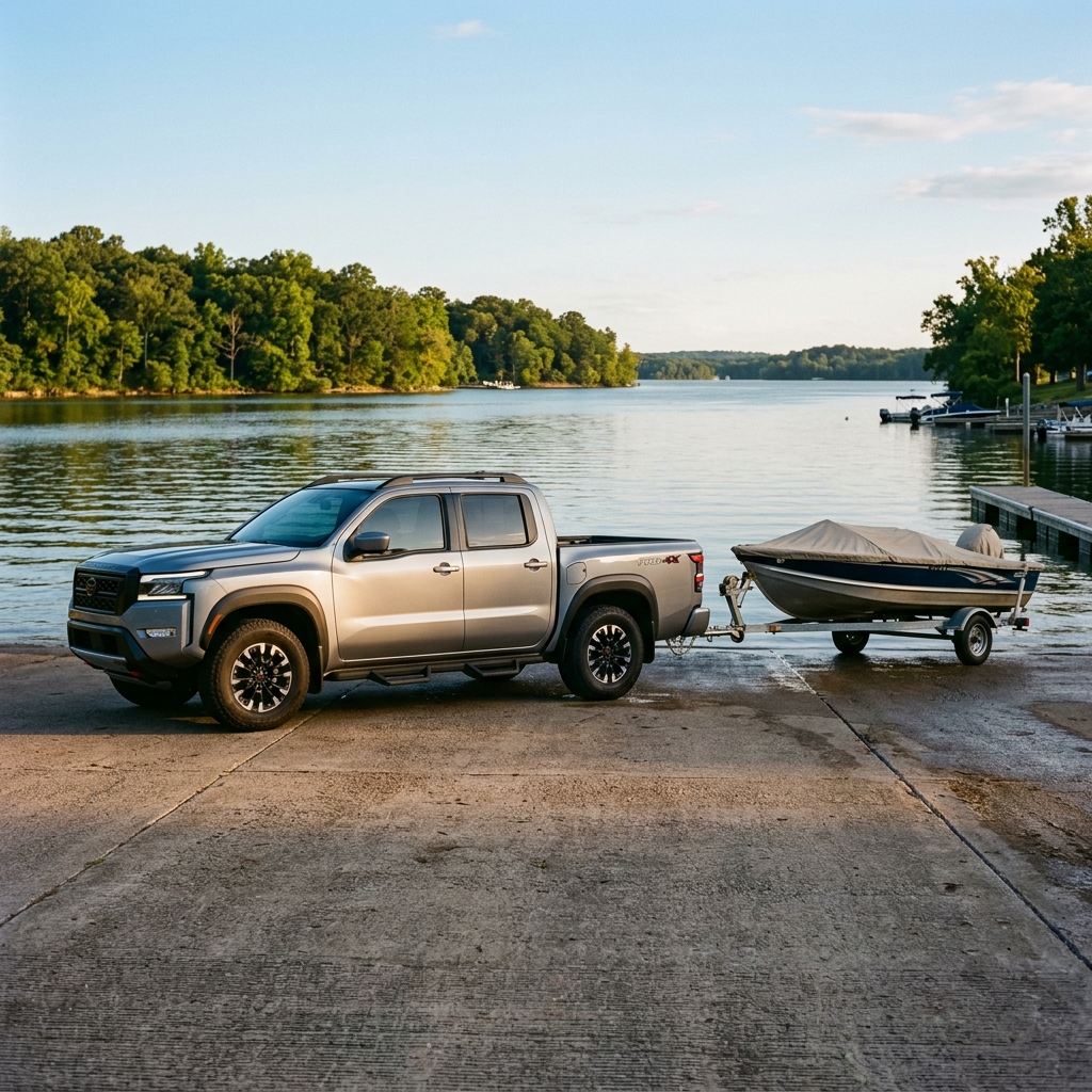 Silver pickup truck towing a trailer with a covered boat on a concrete boat launch near a calm lake bordered by trees. (Representative image for illustration purposes only. Actual vehicle may vary based on trim and configuration.)