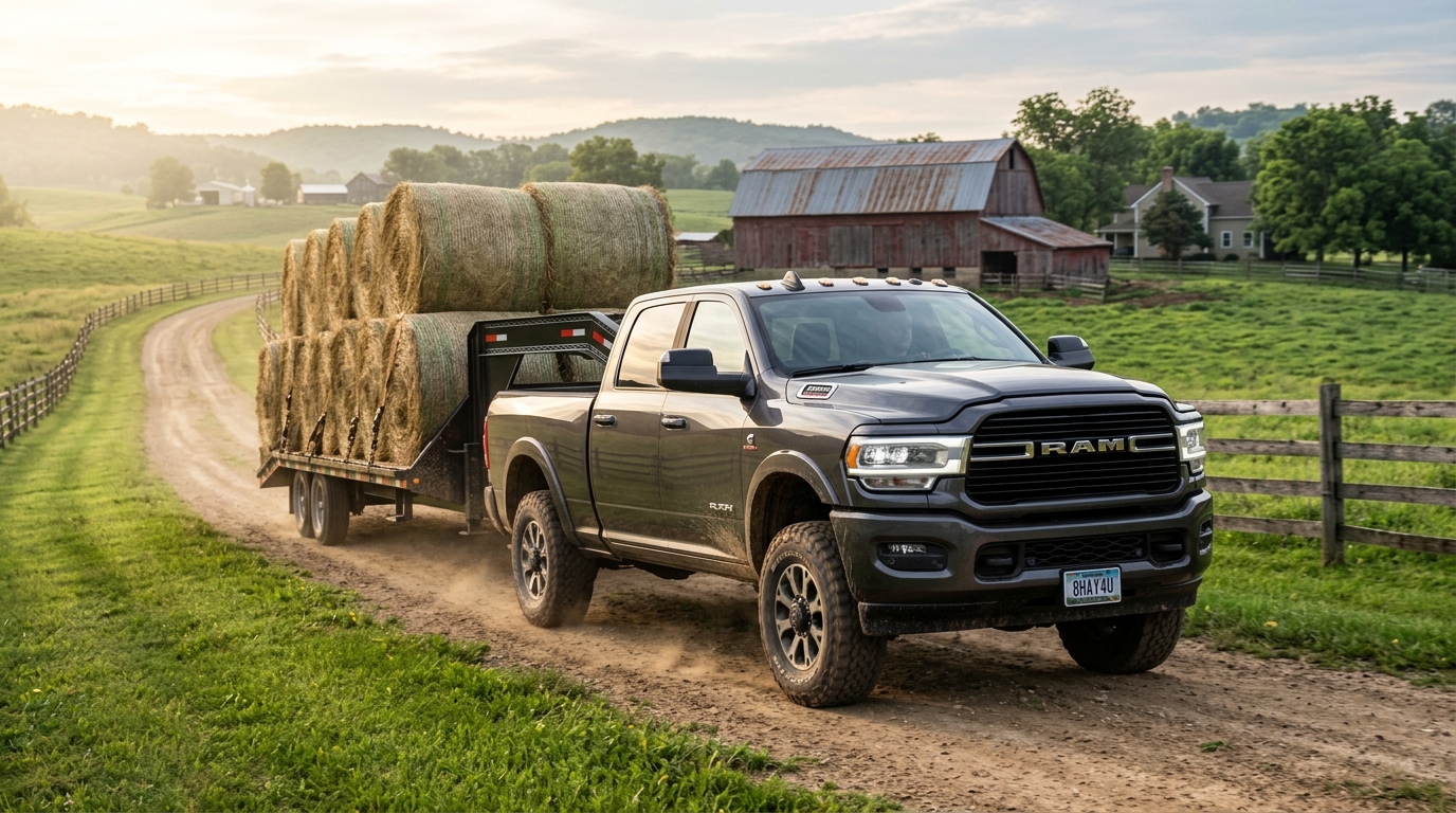 A dark gray Ram pickup truck towing a flatbed trailer loaded with large round hay bales along a farm dirt road. (Representative image for illustration purposes only. Actual vehicle may vary based on trim and configuration.)