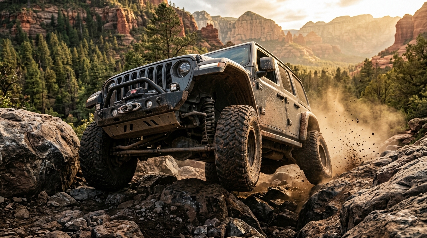 A dark grey Jeep Wrangler navigating a rugged, rocky mountain trail, kicking up dust at sunset. (Representative image for illustration purposes only. Actual vehicle may vary based on trim and configuration.)