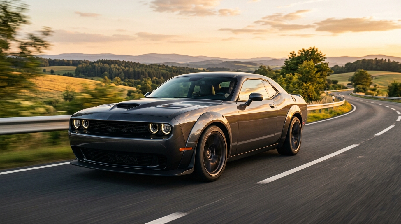 Dark grey Dodge Challenger muscle car driving along a winding rural road during golden hour sunset. (Representative image for illustration purposes only. Actual vehicle may vary based on trim and configuration.)