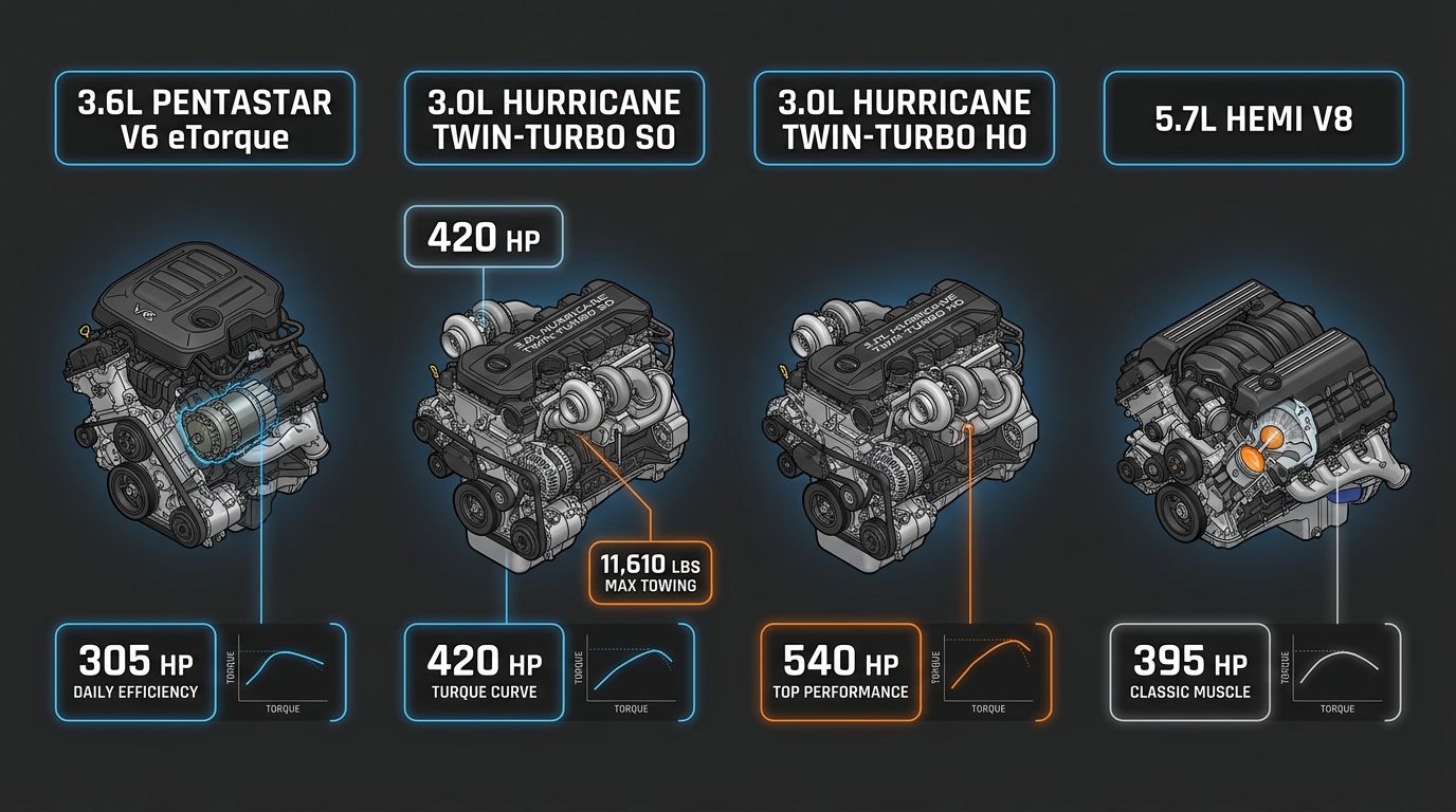 Infographic comparing 3.6L Pentastar, 3.0L Hurricane Twin-Turbo SO and HO, and 5.7L HEMI V8 engine specs. (Representative image for illustration purposes only. Actual vehicle may vary based on trim and configuration.)