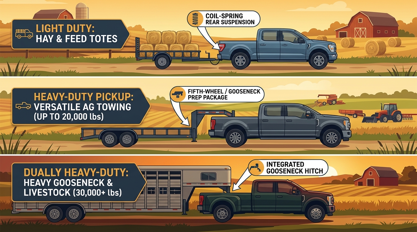 Infographic comparing light-duty, heavy-duty, and dually pickup trucks towing different agricultural trailers. (Representative image for illustration purposes only. Actual vehicle may vary based on trim and configuration.)