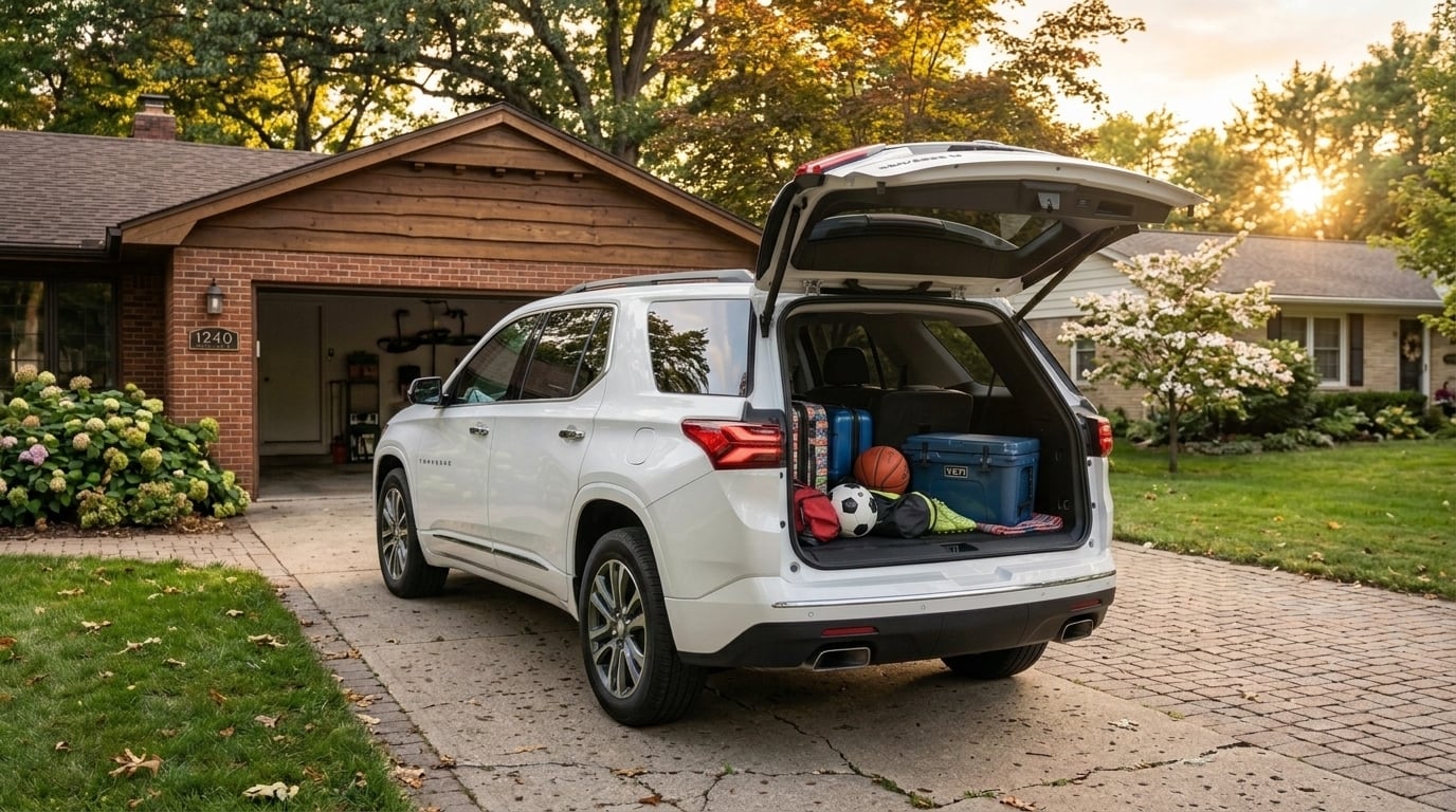 A 2026 Chevrolet Traverse parked in a sun-dappled suburban driveway during late afternoon golden hour. The power liftgate is fully open, revealing a remarkably spacious three-row interior with flexible seating arrangements. Highlighting versatile utility, the rear seats are folded to show an expansi
