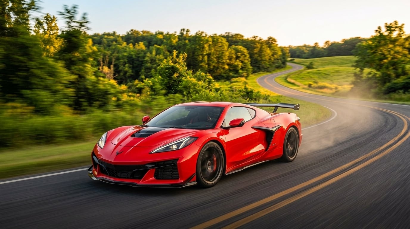 A wide-shot cinematic photograph of a powerful 2026 Chevrolet Corvette ZR1 carving through a gentle asphalt curve on a dynamic summer drive, action shot with motion blur across the spinning wheels and blurring foliage, captured from a low three-quarter camera angle, aggressive aerodynamic body sculp