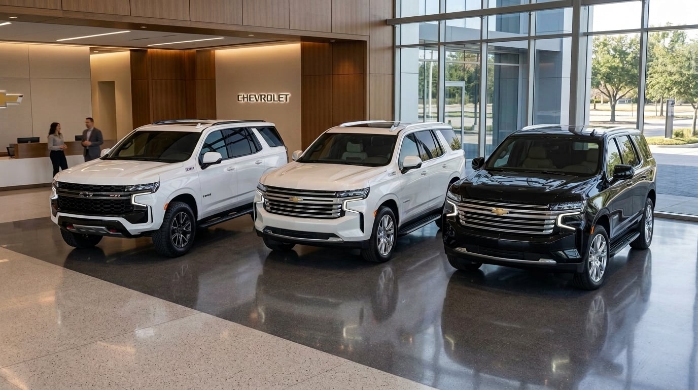 A 2026 Chevrolet Tahoe Premier, a 2026 Chevrolet Tahoe High Country, and 2026 Chevrolet Tahoe Z71 parked on a modern and luxurious Chevrolet showroom floor. No front license plates on the vehicles. Limit the number of signage on the walls. (Representative image for illustration purposes only. Actual