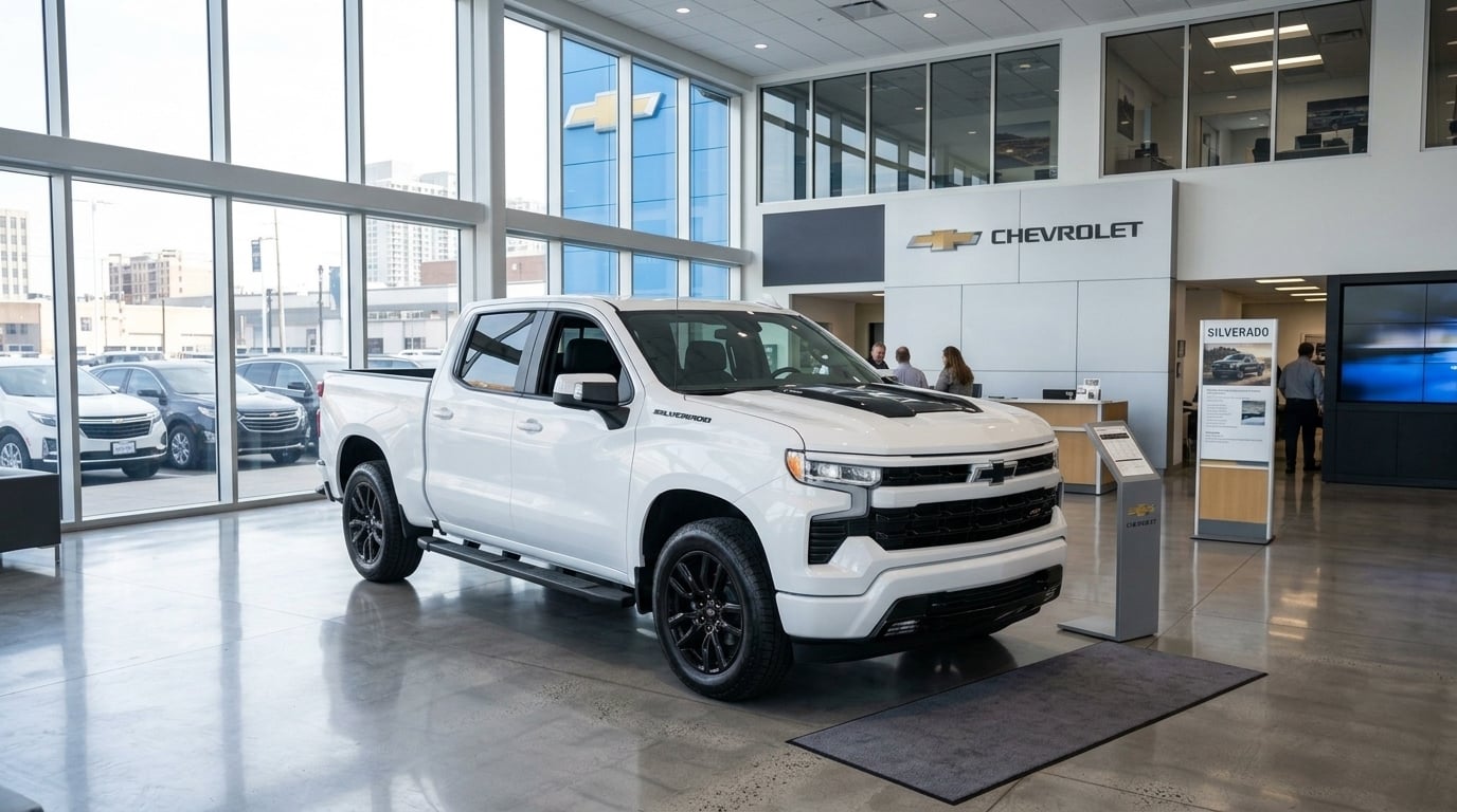A pristine 2026 Chevrolet Silverado 1500 parked on a Chevrolet showroom floor. No front license plate on the vehicle. (Representative image for illustration purposes only. Actual vehicle may vary based on trim and configuration.)