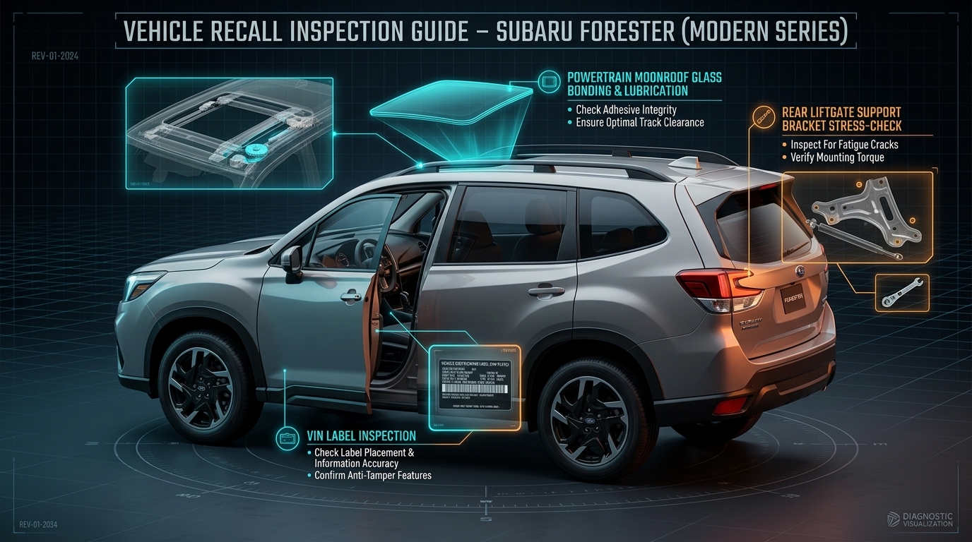 Digital diagram of a Subaru Forester highlighting recall inspection points for the moonroof, VIN label, and liftgate. (Representative image for illustration purposes only. Actual vehicle may vary based on trim and configuration.)