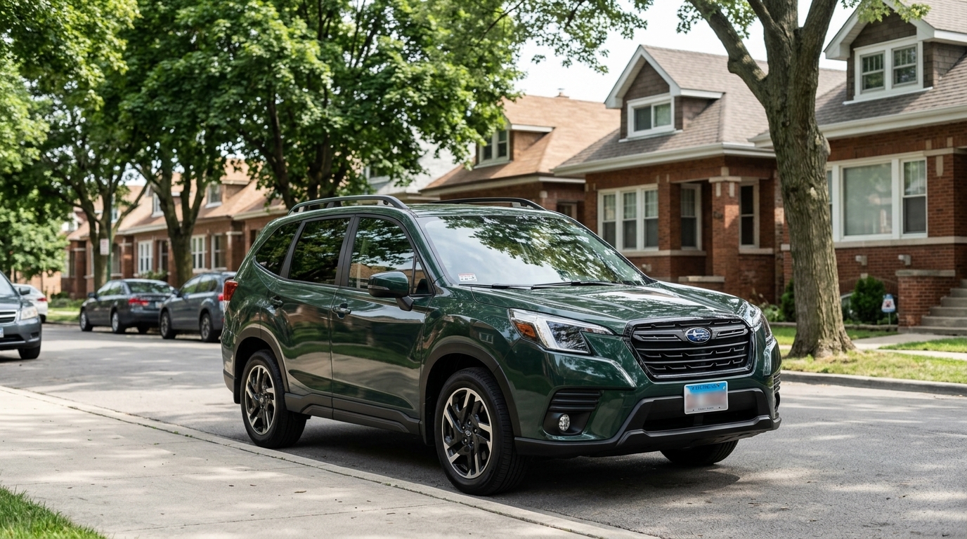 Dark green Subaru Forester SUV parked on a quiet suburban street with brick houses and trees. (Representative image for illustration purposes only. Actual vehicle may vary based on trim and configuration.)