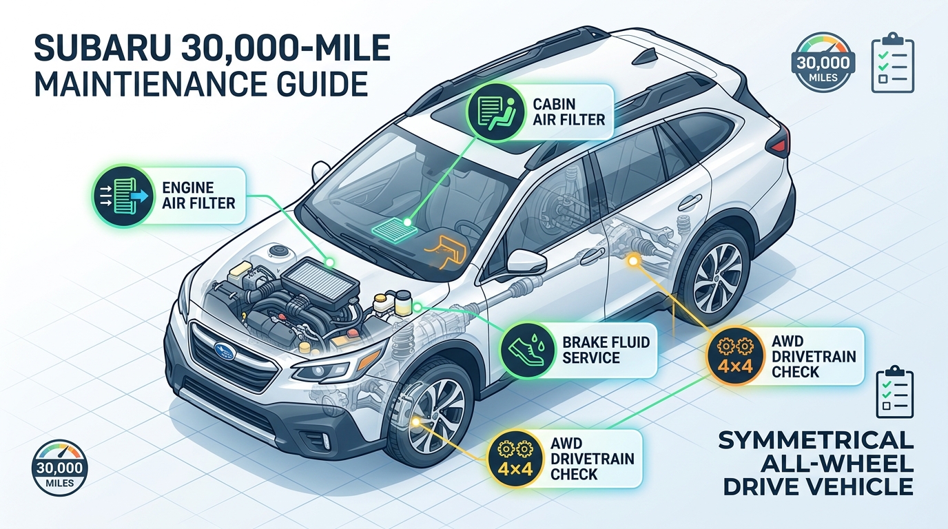 Diagram showing key maintenance points for a Subaru at 30,000 miles including air filters and AWD check. (Representative image for illustration purposes only. Actual vehicle may vary based on trim and configuration.)