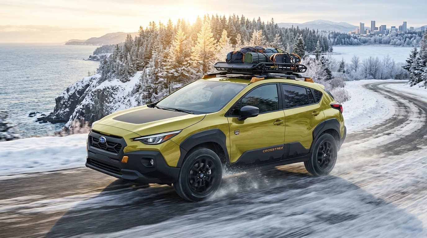 Yellow Subaru Crosstrek Wilderness driving along a snowy coastal road with a roof rack full of gear. (Representative image for illustration purposes only. Actual vehicle may vary based on trim and configuration.)