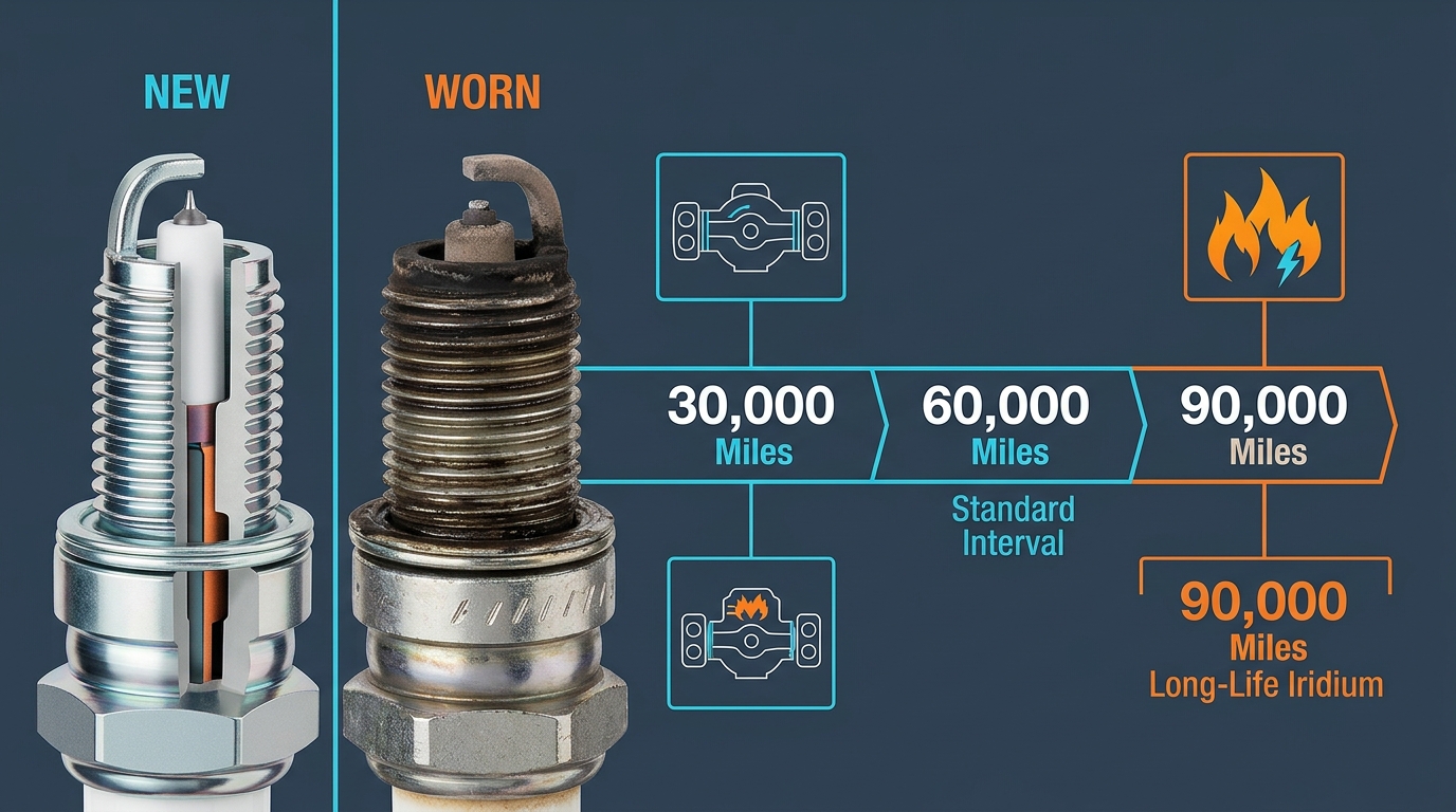 Visual comparison of new and worn spark plugs alongside an infographic showing replacement intervals up to 90,000 miles. (Representative image for illustration purposes only. Actual vehicle may vary based on trim and configuration.)