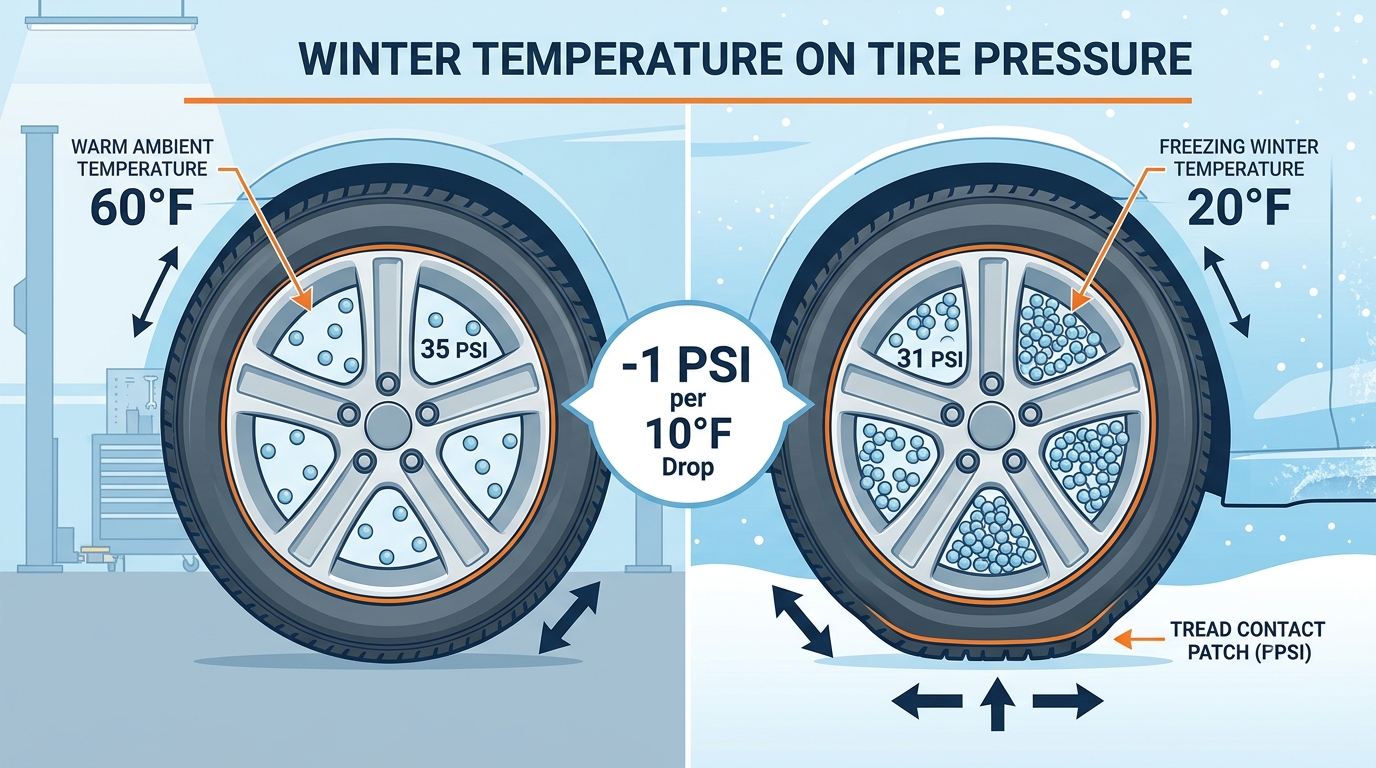 Diagram showing how tire pressure decreases by 1 PSI for every 10 degree Fahrenheit drop in winter weather. (Representative image for illustration purposes only. Actual vehicle may vary based on trim and configuration.)