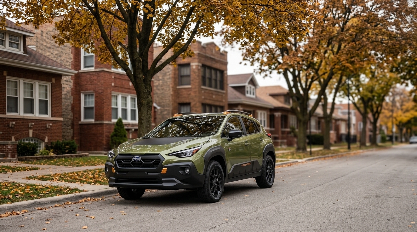 A green Subaru Crosstrek Wilderness parked along a tree-lined residential street covered in autumn leaves. (Representative image for illustration purposes only. Actual vehicle may vary based on trim and configuration.)