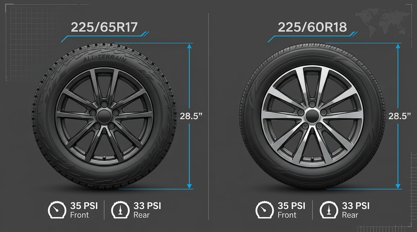 Side-by-side comparison of 225/65R17 and 225/60R18 tires showing equal 28.5-inch total diameters and recommended PSIs. (Representative image for illustration purposes only. Actual vehicle may vary based on trim and configuration.)