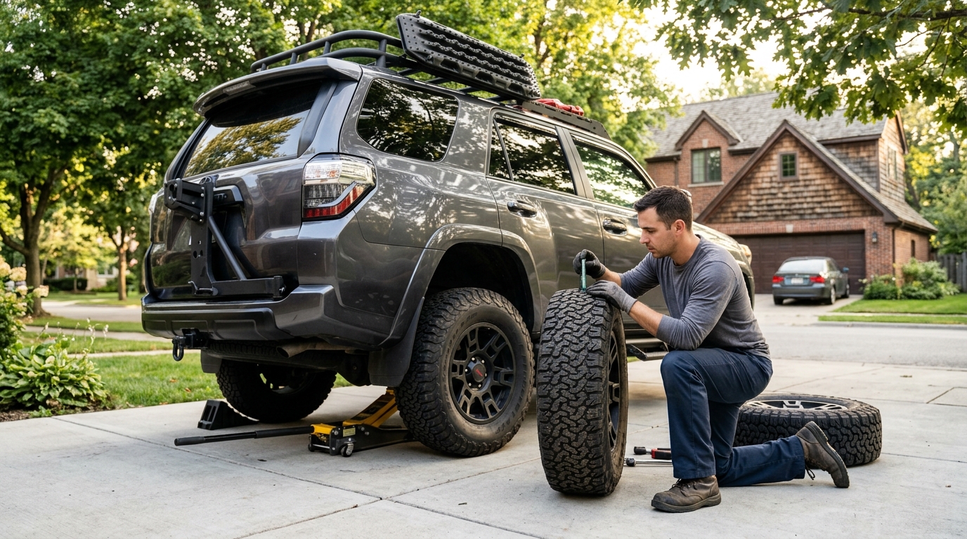 A man kneeling on a driveway to check the tread depth of an off-road SUV tire using a tire gauge. (Representative image for illustration purposes only. Actual vehicle may vary based on trim and configuration.)