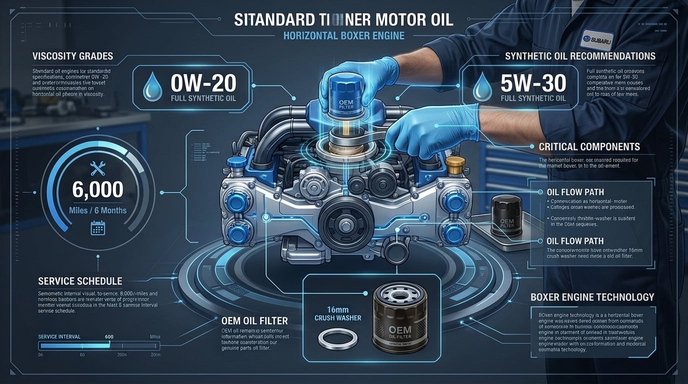 A modern technical automotive infographic diagram explaining standard motor oil specifications for a horizontal boxer engine, high-tech studio aesthetic, dark slate background with faint grid lines, central detailed 3D rendering of an engine bay highlighting the top-mounted oil filter assembly, clea