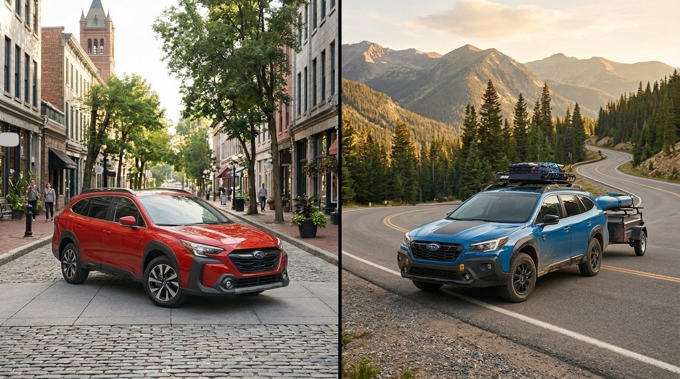 A sleek split-screen side-by-side visual comparison of two modern Subaru crossovers in contrasting environments, photorealistic automotive marketing shot. On the left side, a compact bright red subcompact Subaru crossover is parked on a narrow, tree-lined urban city street with stylish brick archite