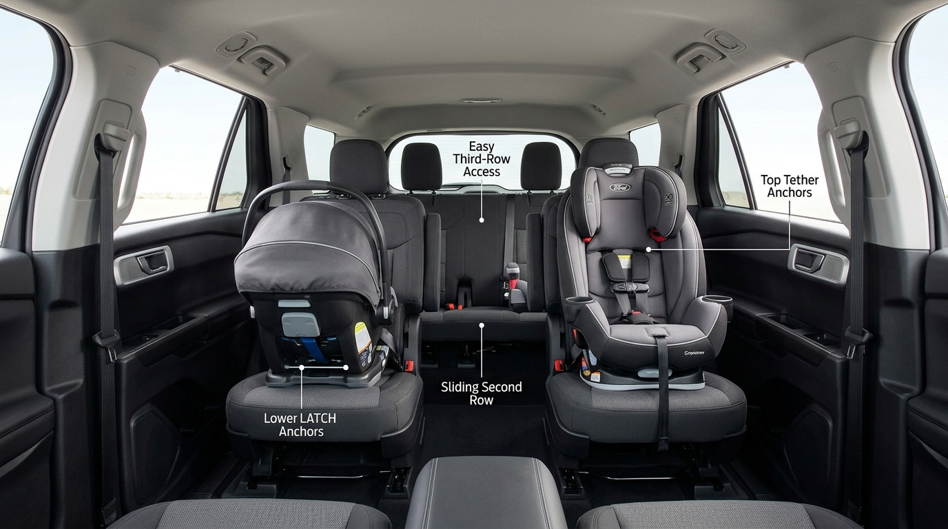 Interior view of a three-row SUV featuring child safety seats and labeled car seat anchor systems. (Representative image for illustration purposes only. Actual vehicle may vary based on trim and configuration.)